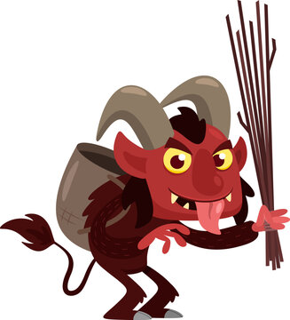 Krampus Or Christmas Devil Cartoon Character Wearing Basket Backpack Holding Rods Flogging Punishment. Vector Illustration Flat Design Isolated On Transparent Background