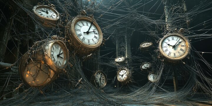 Old clocks trapped in a web of time.