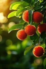 Close-up of vibrant orange fruit hanging from lush green leaves, illuminated by warm sunlight, showcasing nature's beauty.