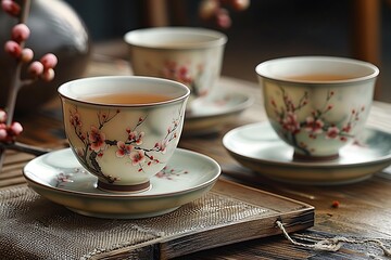 a group of tea cups on saucers

