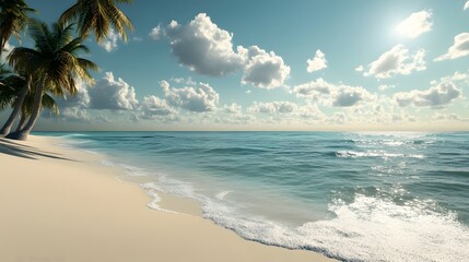 69. "A serene 3D render of a sun-drenched tropical beach with clear water, gentle waves, and palm trees