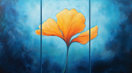 A vibrant orange flower painting against a blue background, showcasing artistic expression.