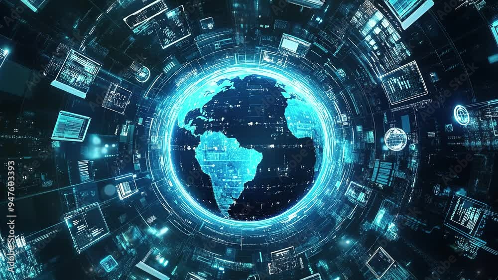 Poster earth surrounded by computers and network connections. symbolizing global network connectivity in cy