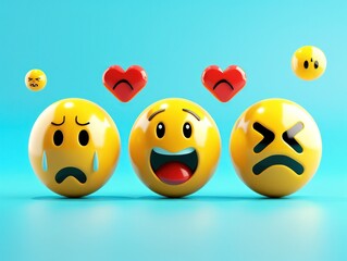 Lively 3D emojis showing excitement, sadness, and love, with ample text space, in