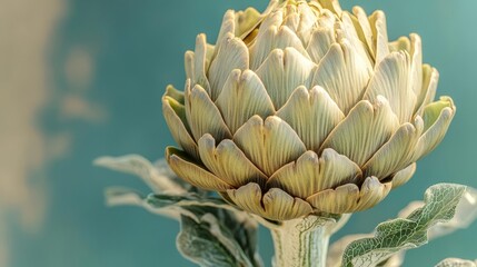 Fototapeta premium High-resolution close-up of an artichoke with detailed leaves on a gradient of dark teal and beige, unique texture, professional finish, have large negative space for text