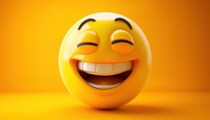 Fototapeta premium Laughing yellow emoji with closed eyes and big smile, full of joy.