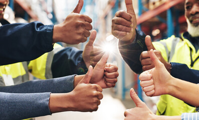 Business people, hands and logistics with thumbs up for supply chain, distribution or inventory at warehouse. Closeup, group and diversity with like emoji, yes sign or OK for good stock at storage