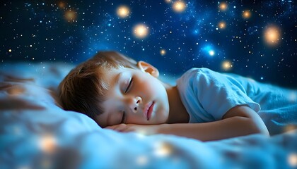 A cute little boy sleeping on the bed, night sky with stars, blue background, soft light, close-up shot of face, indoor environment, 