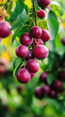 Fresh red plums hanging from a tree branch, surrounded by vibrant green foliage, showcasing the beauty of nature's harvest.