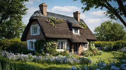 68. "A charming 3D model of a traditional countryside cottage with a thatched roof and blooming garden