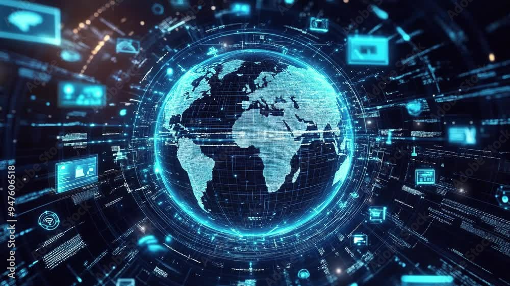 Poster earth surrounded by computers and network connections. symbolizing global network connectivity in cy
