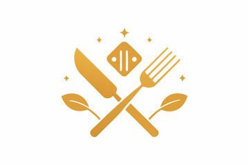 white background plate and golden fork and knife icons set
