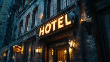 Obraz premium Close-up of a hotel building with glowing text 