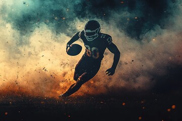 Football player in action with dramatic smoke and sparks