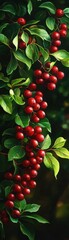 Vibrant red berries hanging from lush green leaves, creating a striking contrast in nature's bounty.