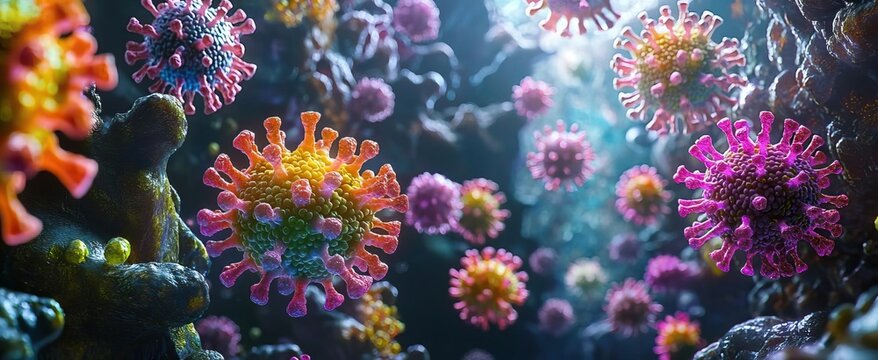 Microscopic view of colorful viruses floating in a dark, ethereal environment, capturing the intricate and alienlike nature of these organisms, scientific and surreal