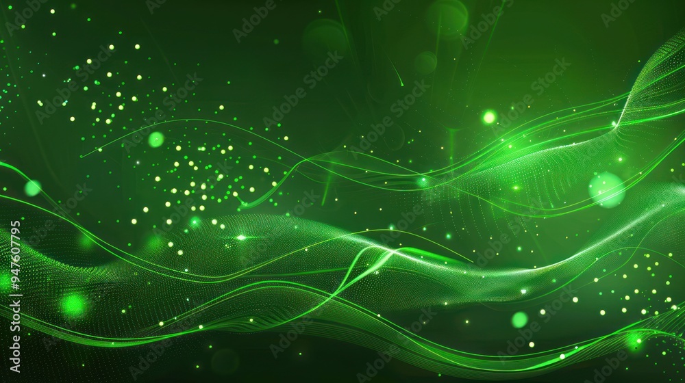 Wall mural Abstract Green Waves with Glowing Particles