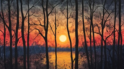 Obraz premium Sunset Painting with Trees