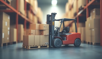 Forklift truck with a pallet of cardboard boxes in a warehouse, blurred background with copy space