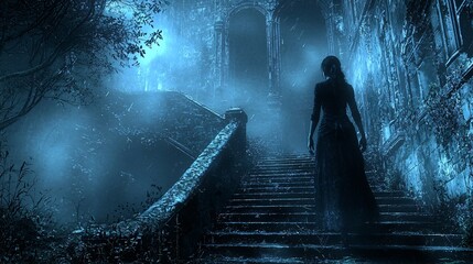 Obraz premium A ghostly woman ascending a haunted staircase in a spooky castle setting, perfect for Halloween-themed designs and events, with copy space.