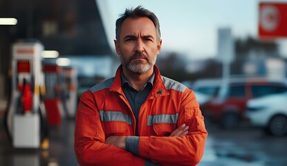 Obraz premium Handsome middle-aged male gas station worker stands with his arms crossed at the entrance to an oil and tire service station
