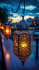 Ornate lanterns glow at dusk.