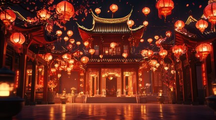 Obraz premium Chinese Temple Adorned with Red Lanterns