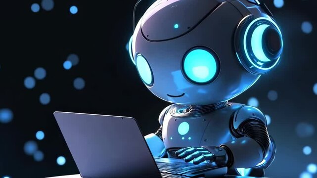 Cute friendly artificial intelligence robot using laptop computer with white and blue neon glow light, chatbot and AI assistant concept futuristic technology