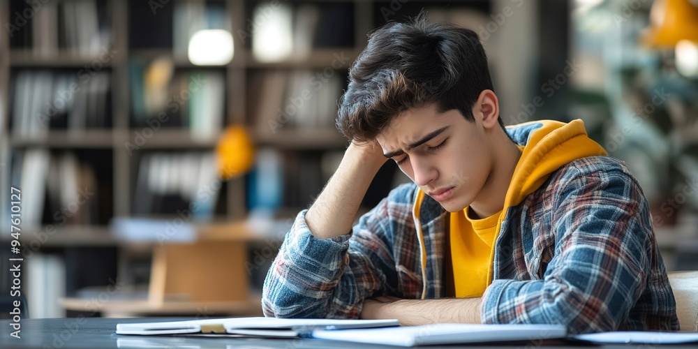 Poster Stressed Teenager Feeling Overwhelmed by Academic Pressure - Mental Health Concept of Young Student Under Stress in Profile View