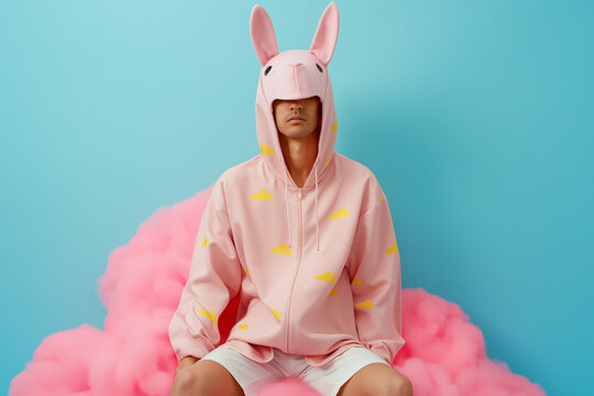 A person in a pink hoodie with bunny ears, sitting on a pink cloud-like cushion against a pastel blue background. A playful and imaginative fashion portrait blending whimsy with comfort.