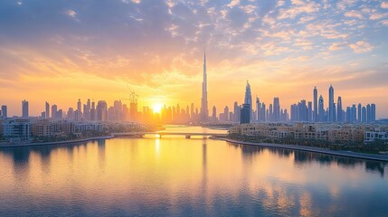 Obraz premium Morning Dubai Skyline View near Tolerance Bridge in Dubai. copy space for text.