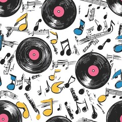 Obraz premium Seamless pattern of vinyl records and musical notes