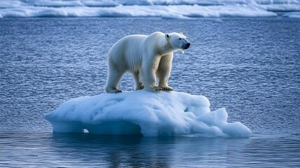 Fototapeta premium Majestic polar bear standing alone on a small isolated ice floe surrounded by the vast open waters of the Arctic ocean a poignant symbol of the effects of climate change on this endangered species