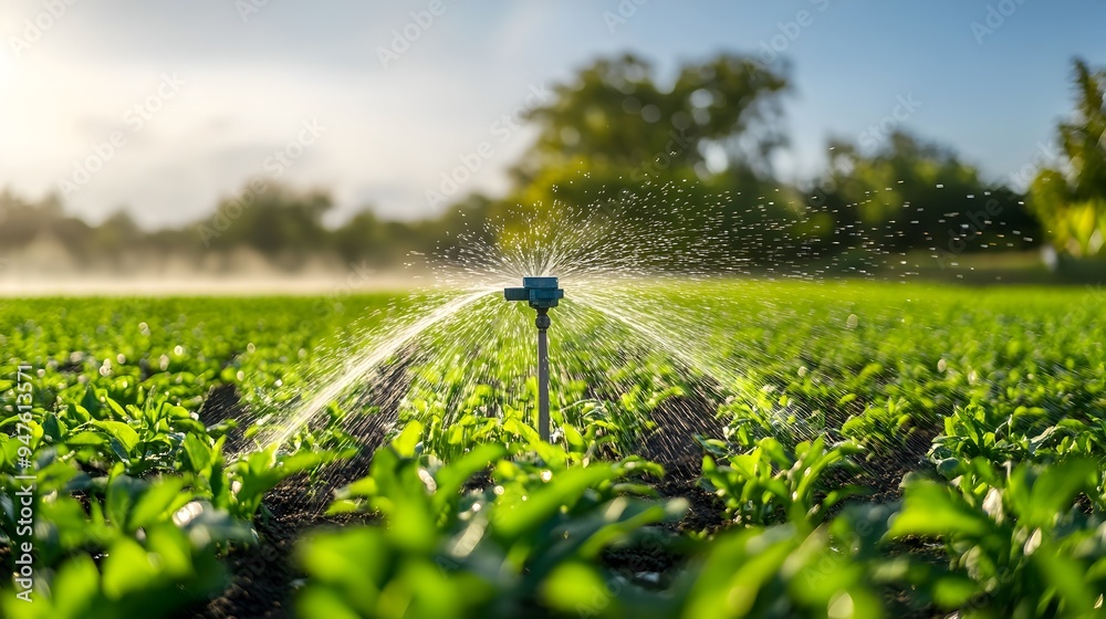 Poster a photograph showcasing an advanced automated irrigation system controlled by iot internet of things