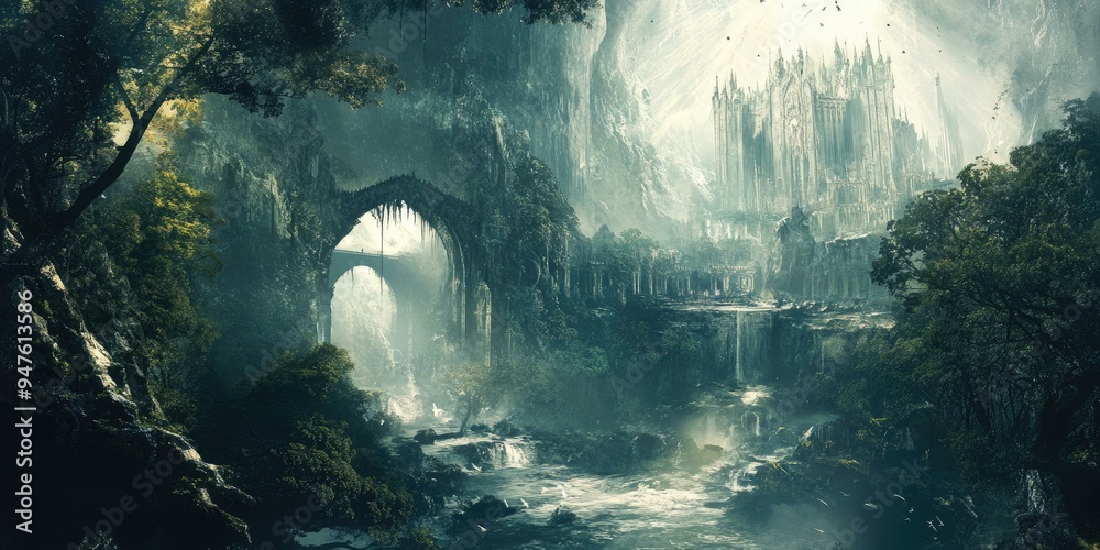 Wall mural Mystical forest river flowing towards castle ruins.