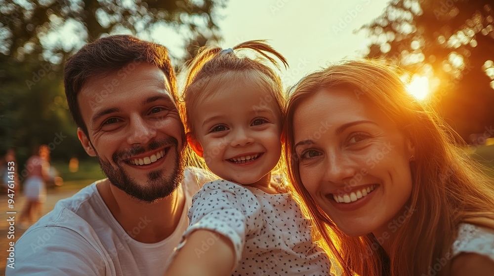 Wall mural happy and family with child outdoor park together for bonding, love and support on summer vacation. 