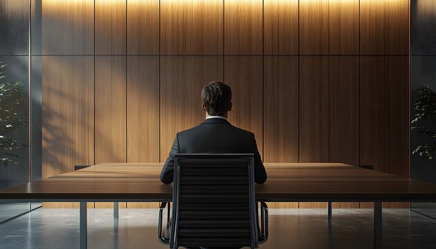 A man in a suit sitting at the table, seen from behind, with his back visible as he sits on a chair facing a boardroom