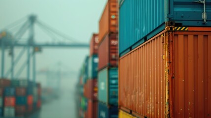 Fototapeta premium Aerial view of a bustling container terminal with busy port activity cranes ships and trucks moving freight and cargo