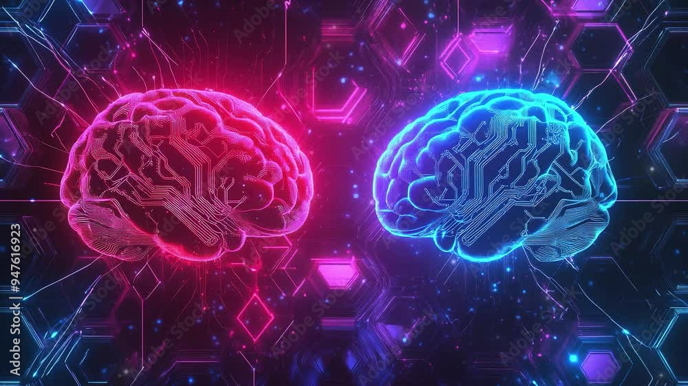 Poster hologram of the brain. brain and technology network. digital brain with glowing circuit patterns. fu
