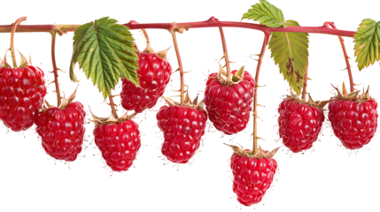 Raspberries hanging from a branch