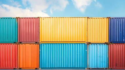 Fototapeta premium Stacked Colorful Shipping Containers With Cranes In Seaport Background Cargo Logistics Transportation Shipping Port Dock Warehouse Freight Logistics Industrial Business Commerce Export Import