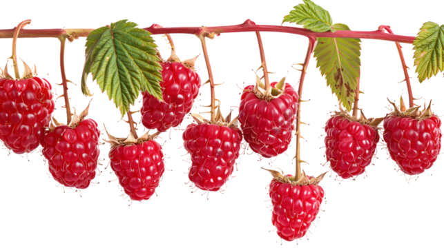Raspberries hanging from a branch
