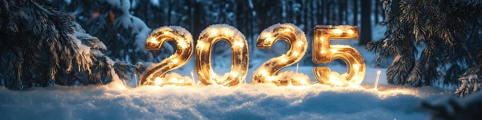 A banner with the number twenty-five written in lights on a snowy field. Concept of excitement and anticipation for the future