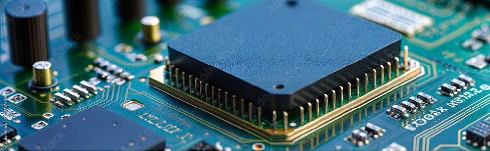 Poster a microprocessor is prominently displayed on a circuit board filled with various electronic componen