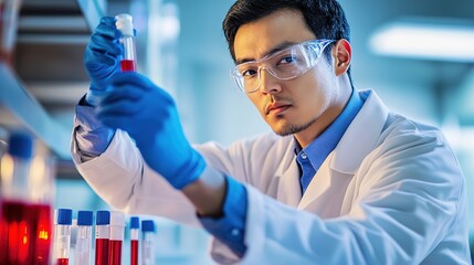 Scientist man holding sample blood test tube in science laboratory. Doctor clinic healthcare technician lab testing blood sample diagnosis. Asian man scientist working in hiv testing medical lab.