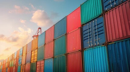 Fototapeta premium Colorful shipping containers stacked in neat rows with heavy industrial cranes in the background at a bustling sunset port landscape