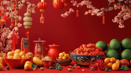 Chinese New Year Celebration Still Life with Fruits and Decorations