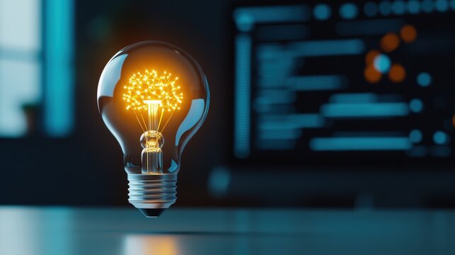 Bright idea concept with a lightbulb emerging from a computer screen