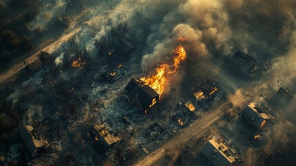Aerial perspective of a wildfire's destructive path, where blackened homes and charred forests stand as a testament to nature's fury