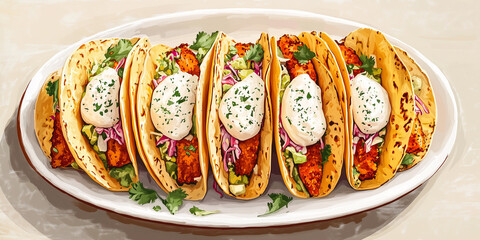 Fish tacos arranged on a platter, topped with slaw and sauce